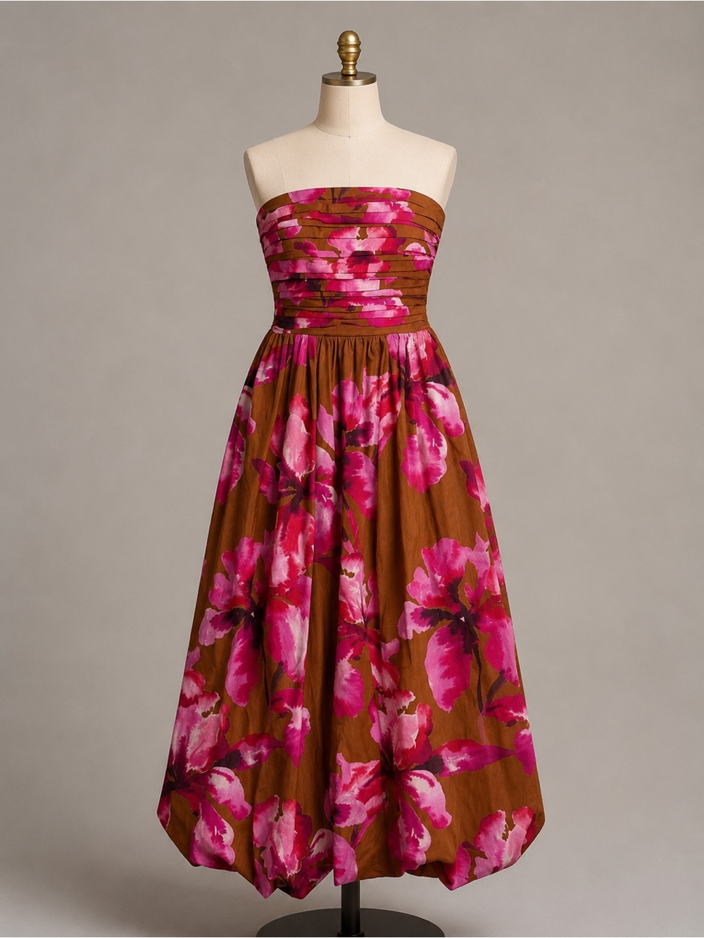 AMUR Helena Floral Bubble Hem Midi Dress Strapless Brown Pink Size Small
